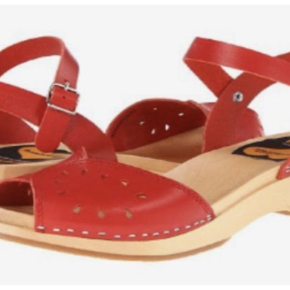 Swedish Hasbeens Red Wooden Open Toe Sandals Clogs Size 38 / 8 - Picture 5 of 14